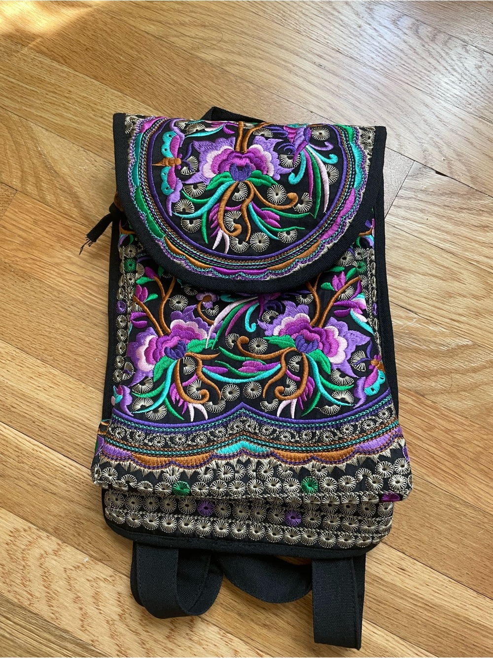 Embroidered Floral Black Backpack with Purple & Teal Accents